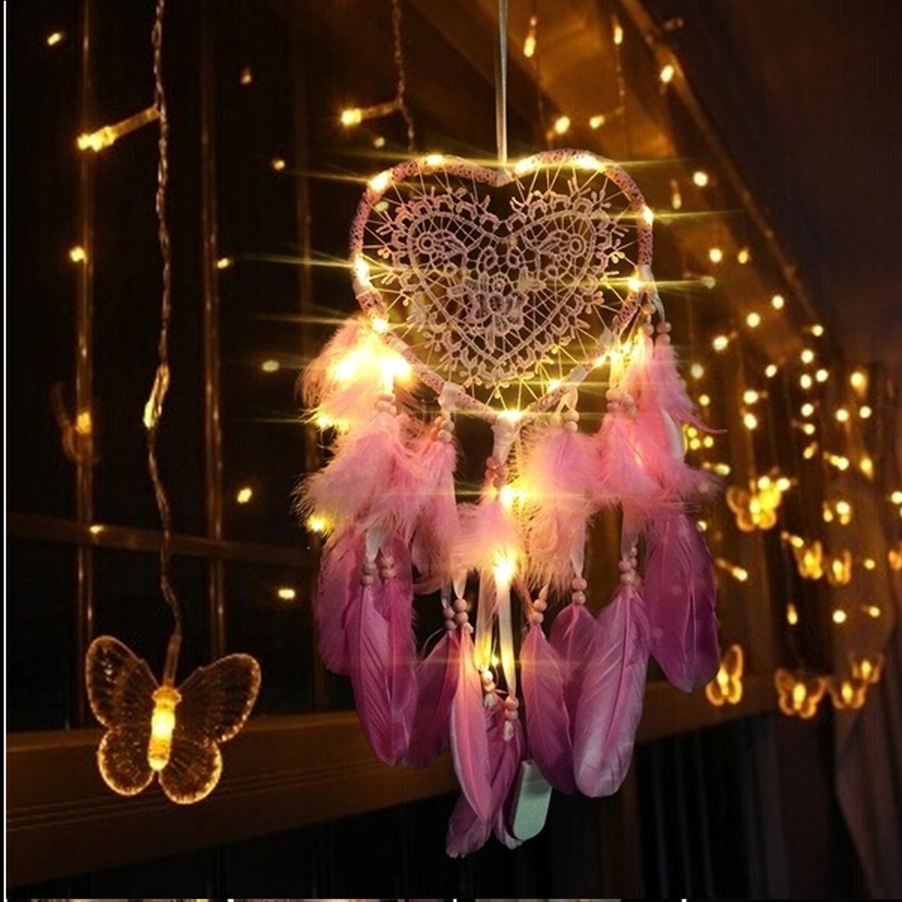 Işıklı Düş Kapanı Kalp Dream Catcher