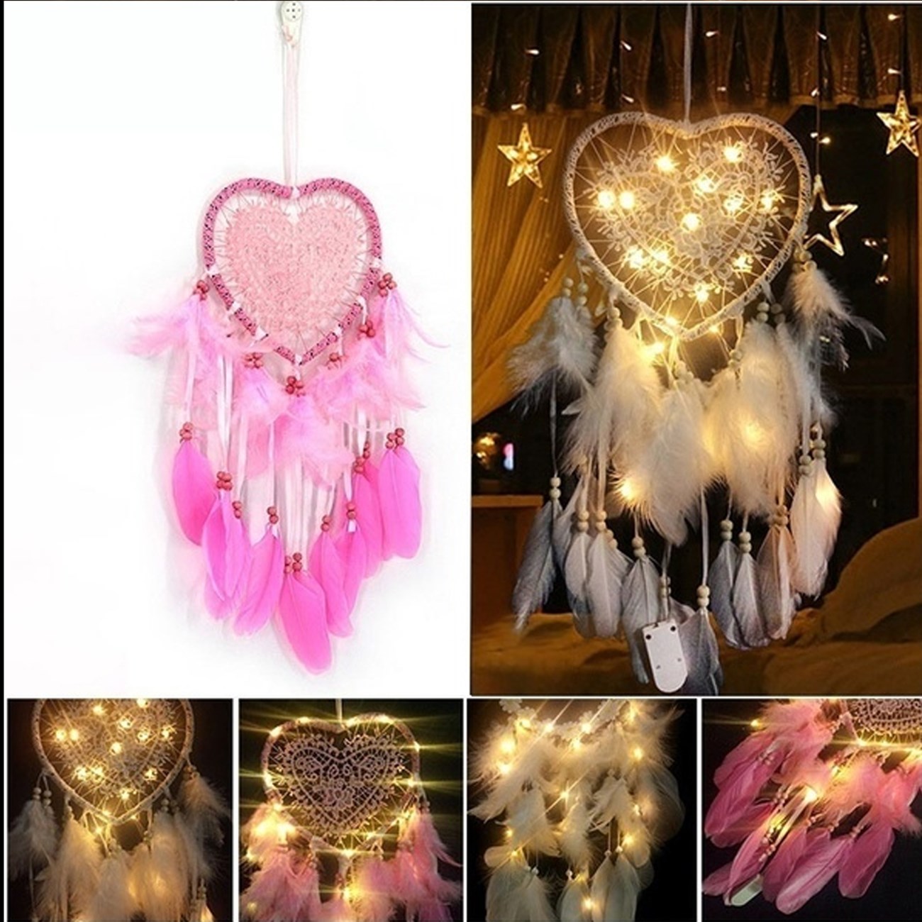 Işıklı Düş Kapanı Kalp Dream Catcher