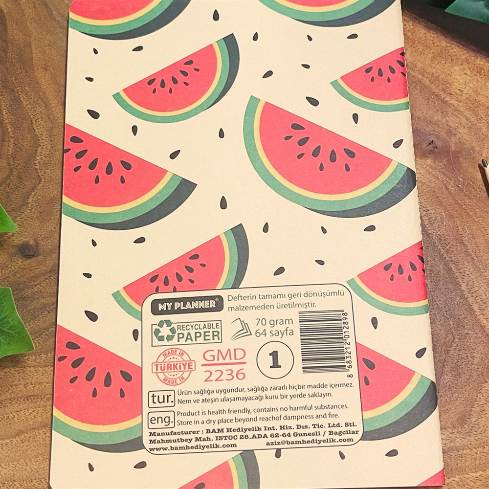 Karpuz Tasarımlı Geri Dönüşümlü Kraft Defter