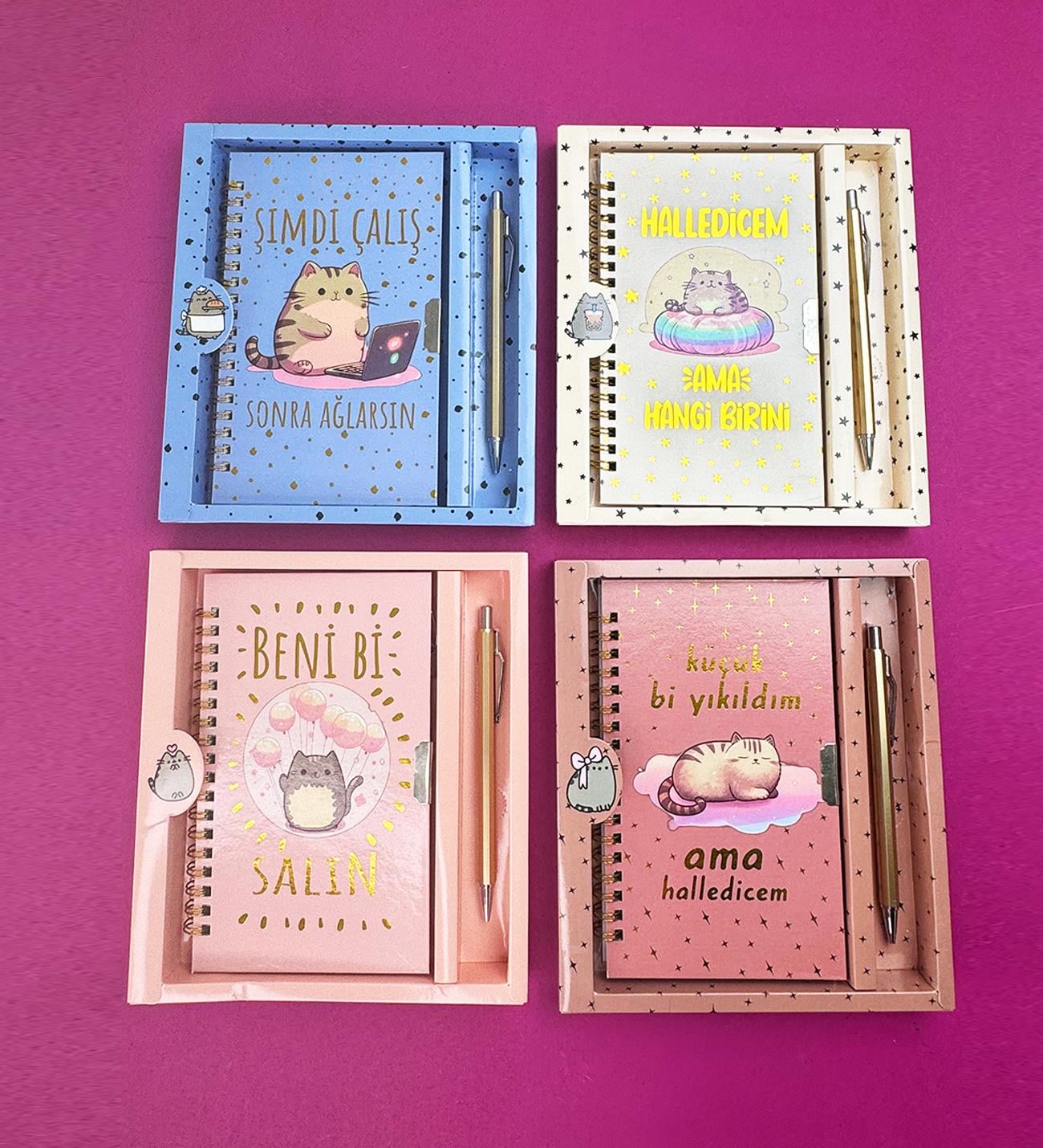 Kedi Mottolu Kilitli Defter