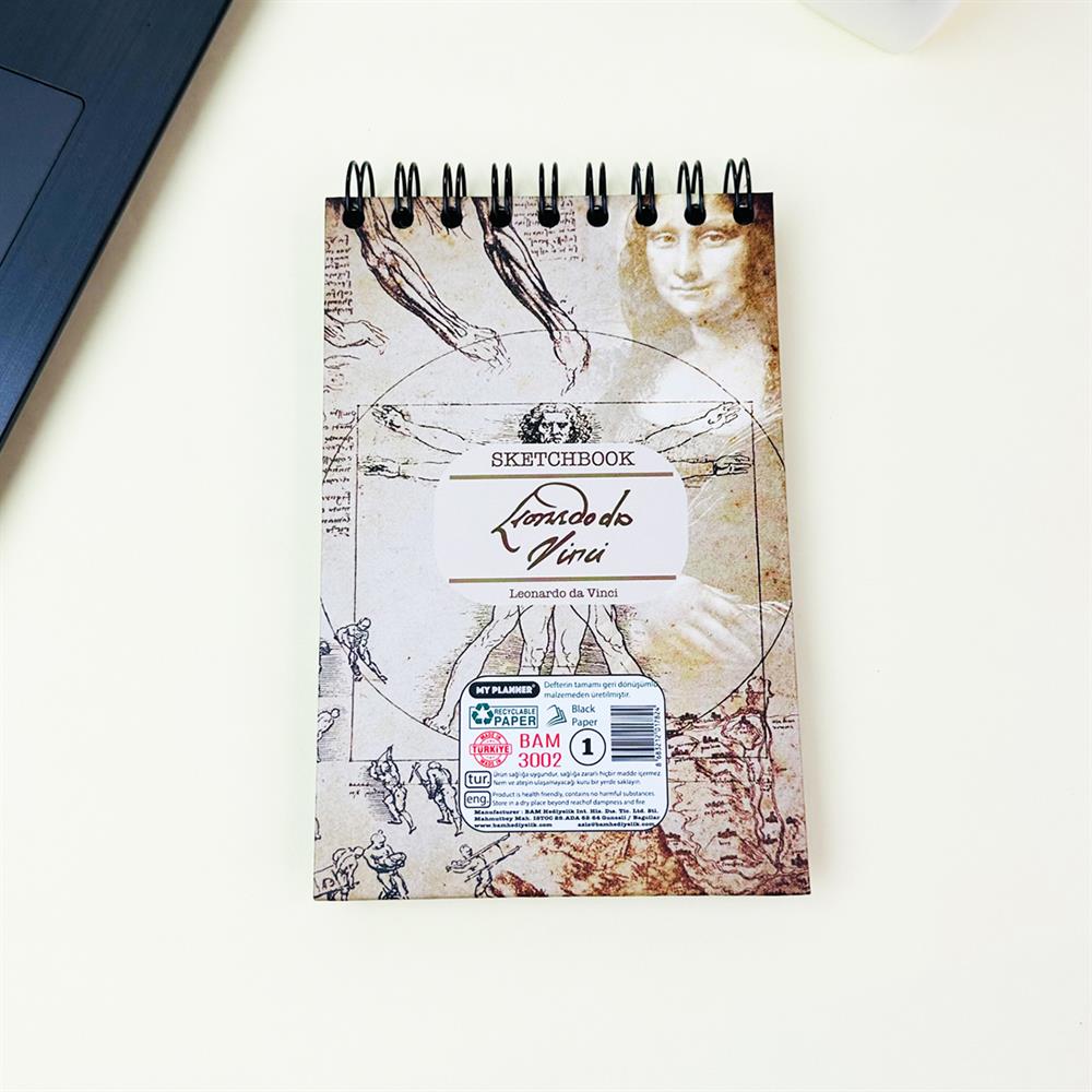 Leonardo Da Vinci Tasarımlı 17x12Cm Siyah Yaprak Sketch Book - Eskiz Defteri