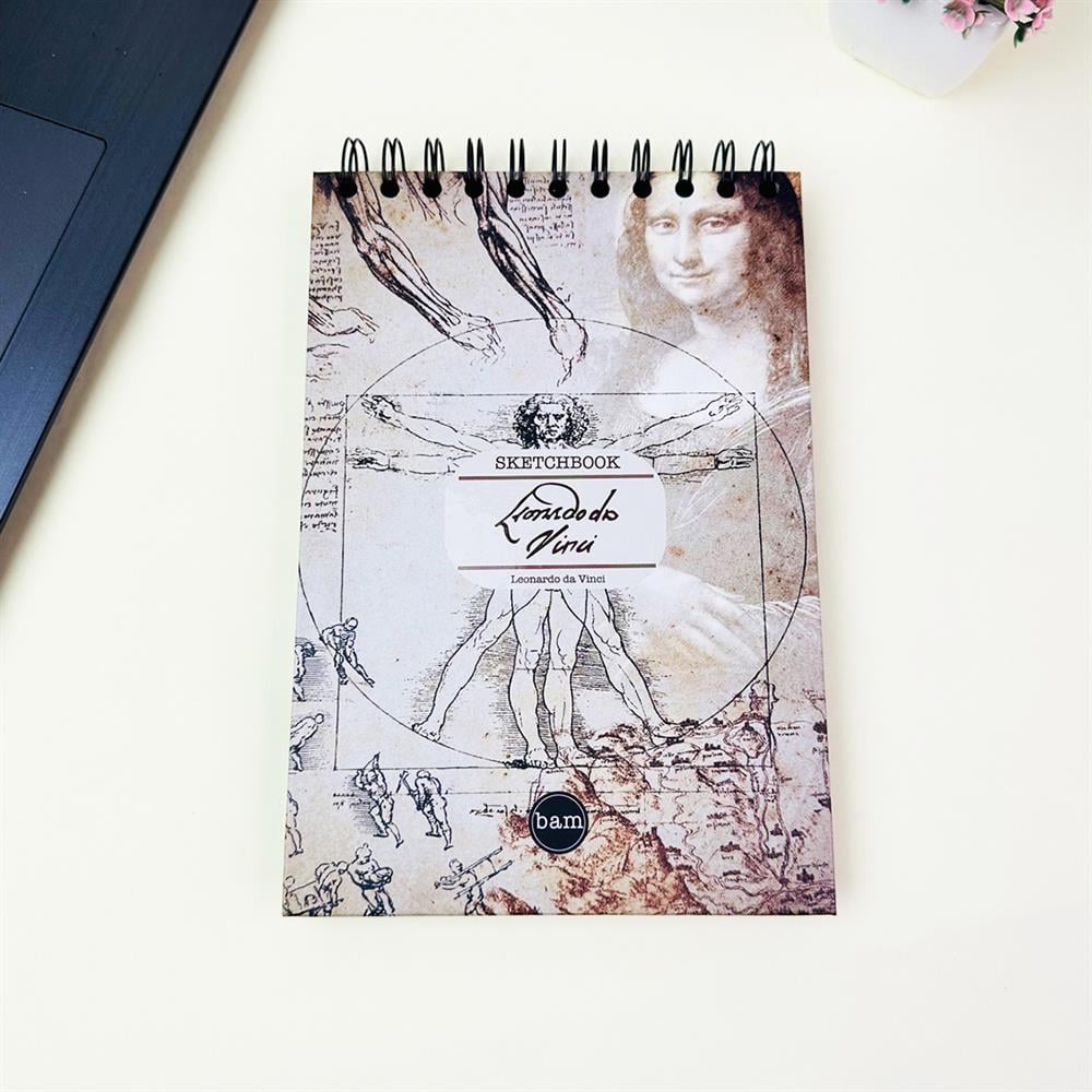 Leonardo Da Vinci Tasarımlı 21x14Cm Üstten Spiralli Siyah Yaprak Sketch Book - Eskiz Defteri
