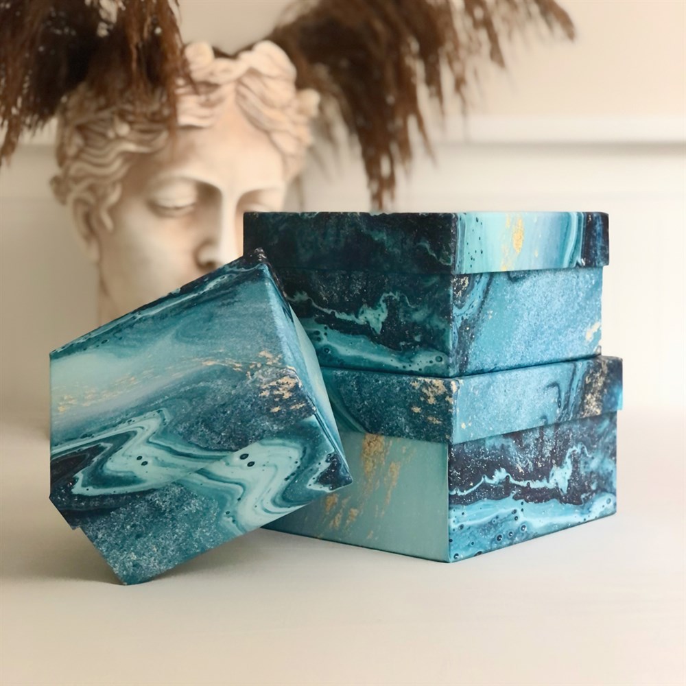 Mavi Ebruli Tasarımlı 3'lü Kutu