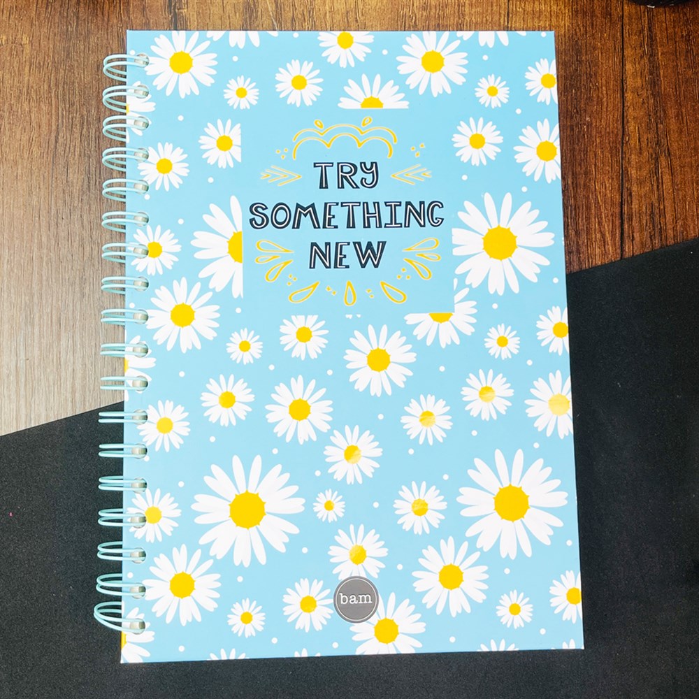Mavi Papatya Tasarımlı Çizgili Spiralli Defter