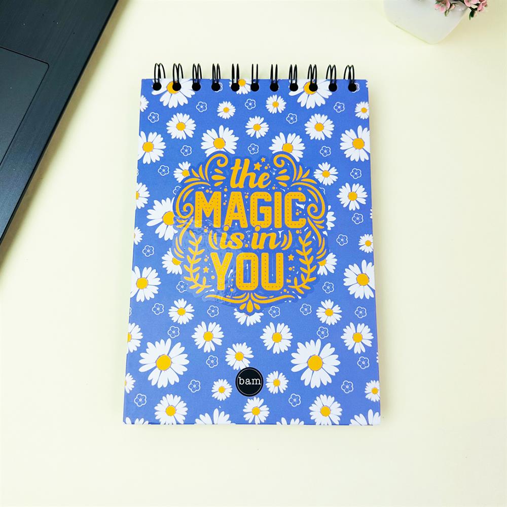 Mor Papatya Tasarımlı 21x14Cm Üstten Spiralli Siyah Yaprak Sketch Book - Eskiz Defteri