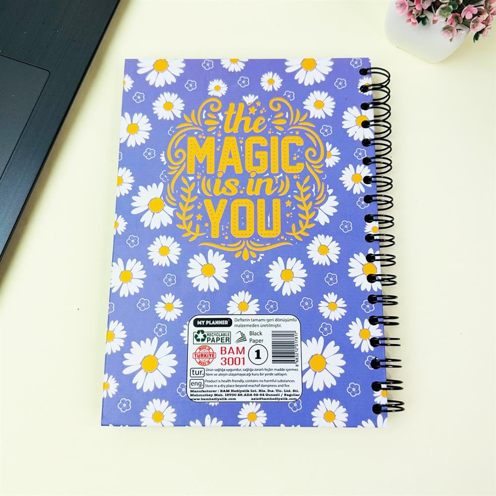 Mor Papatya Tasarımlı 23x16Cm  Siyah Yaprak Sketch Book - Eskiz Defteri
