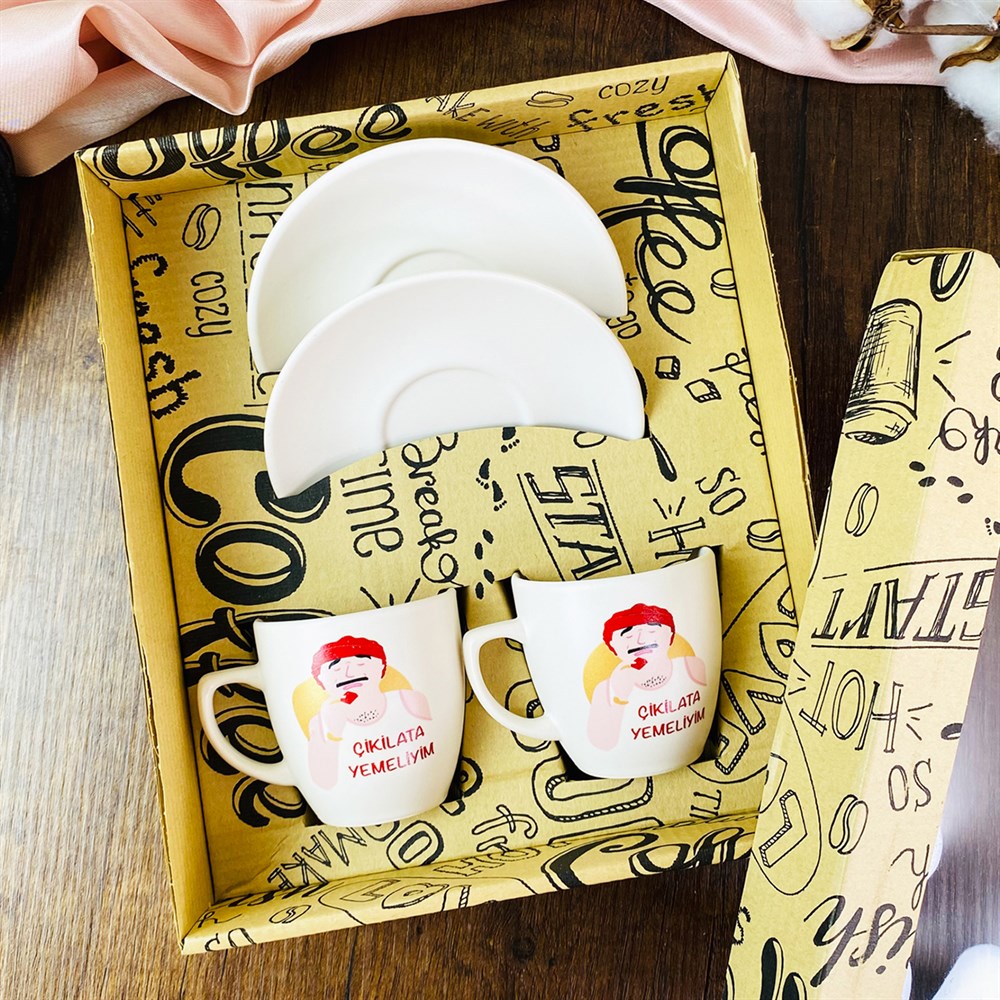 Çikilata Yemeliyim Turkish Coffee Cups Set & Saucer With Special Box