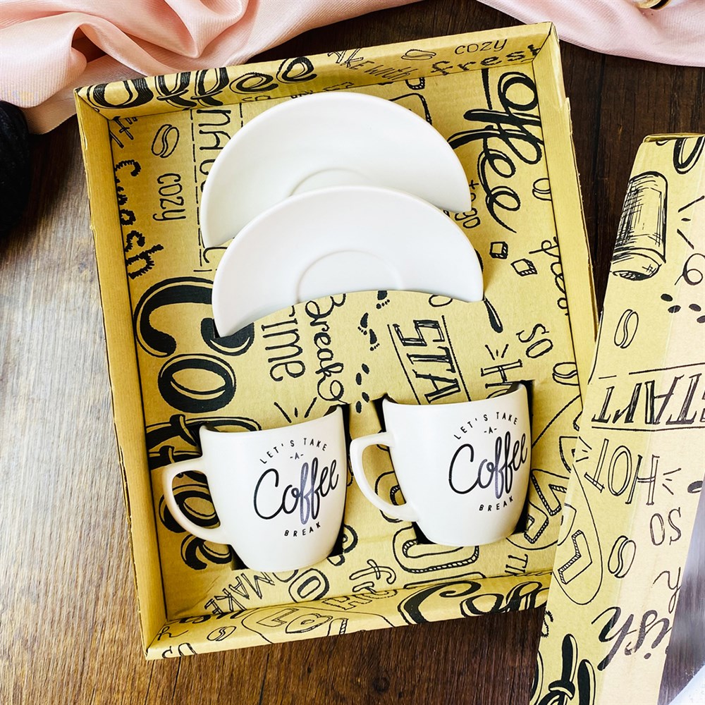Lets Take A Coffee Break Turkish Coffee Cups Set & Saucer With Special Box