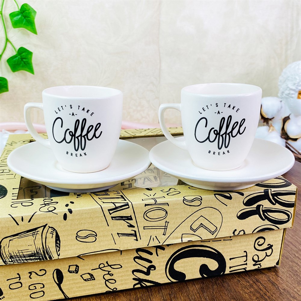 Lets Take A Coffee Break Turkish Coffee Cups Set & Saucer With Special Box