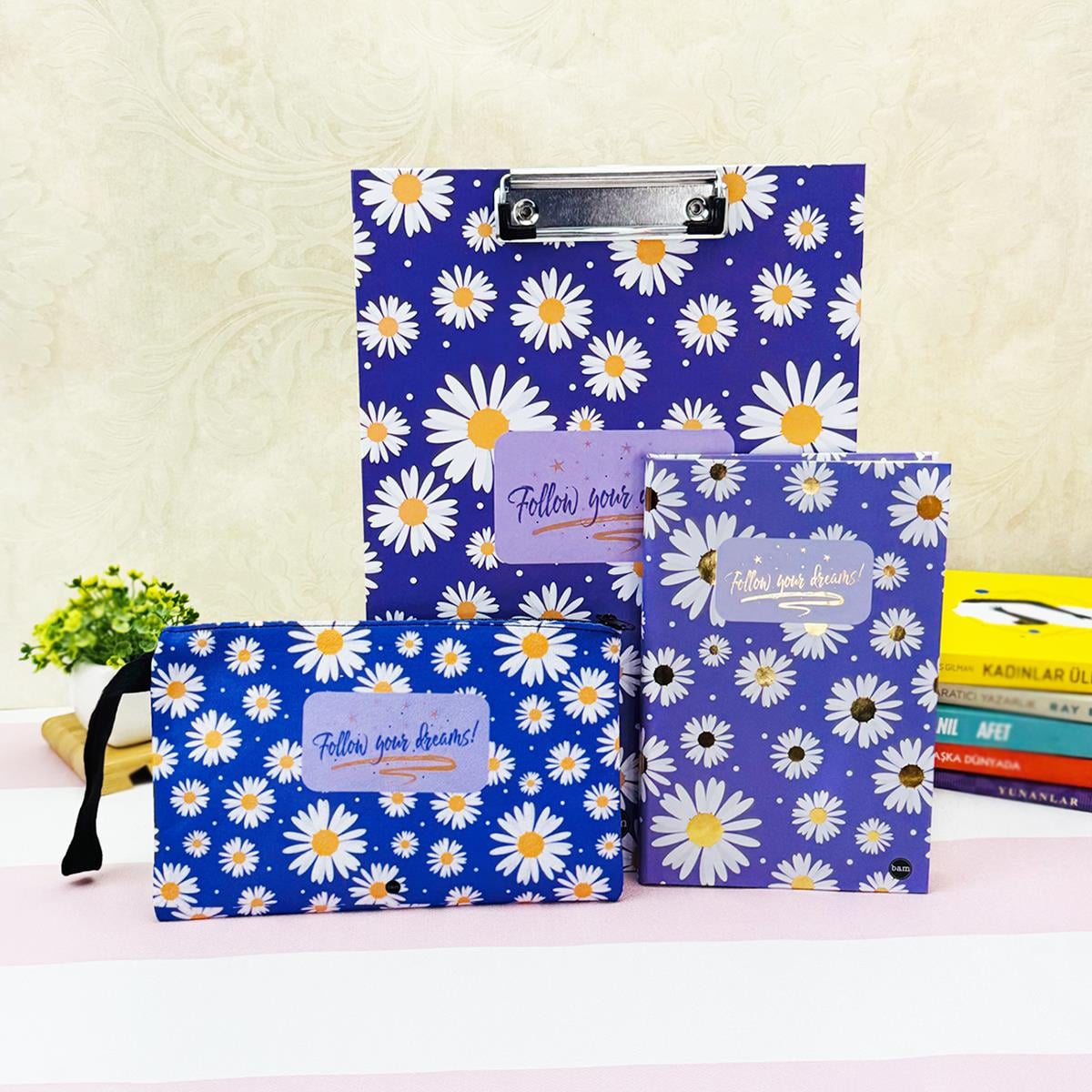 Paketli Mor Papatya Sekreterlik Defter Kalemlik Hediye Seti