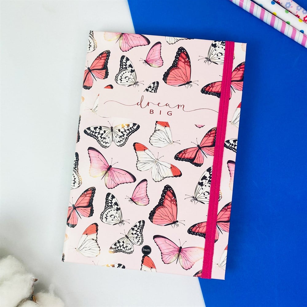 Pembe Kelebek Tasarımlı Lastikli Defter 