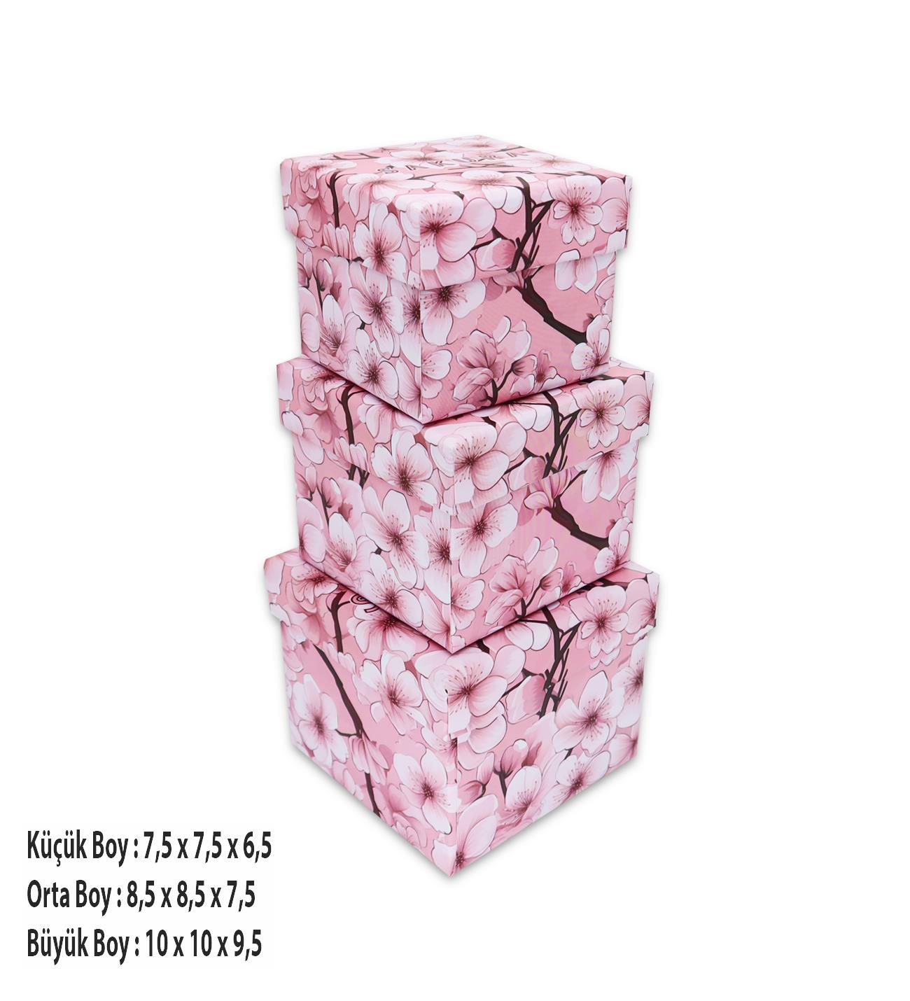 Pembe Sakura Tasarımlı 3lü Mini Kutu 