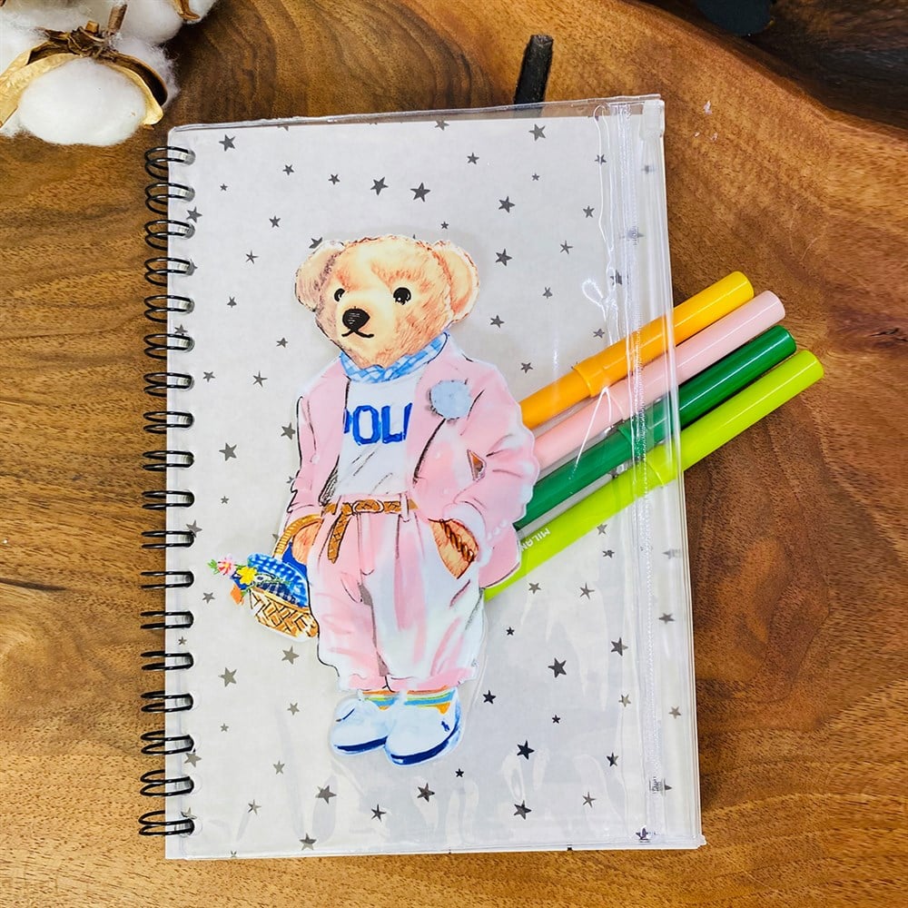 Pink Bear Tasarımlı Çanta Kapaklı Spiralli Defter