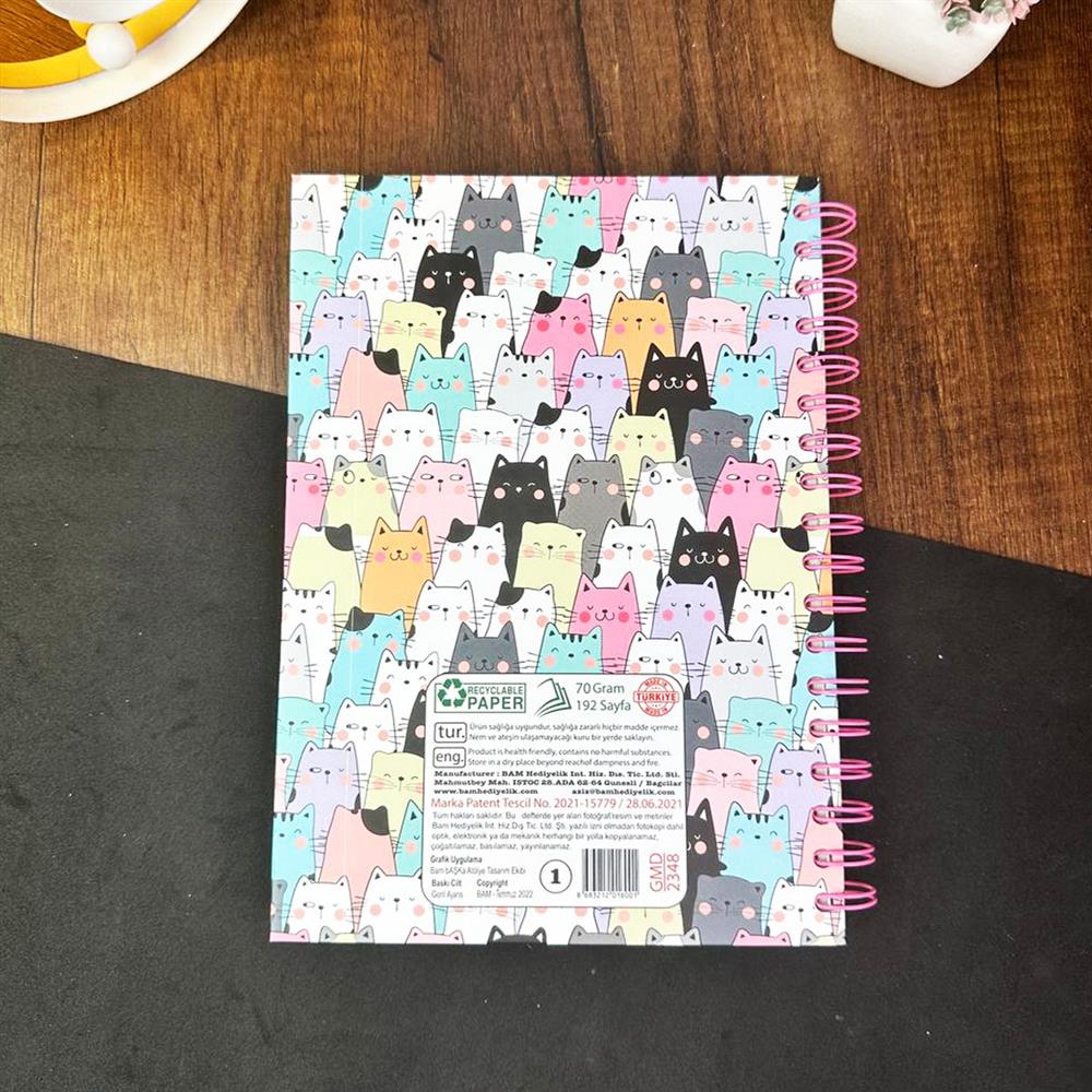Sevimli Kedi Tasarımlı Çizgili Spiralli Defter 