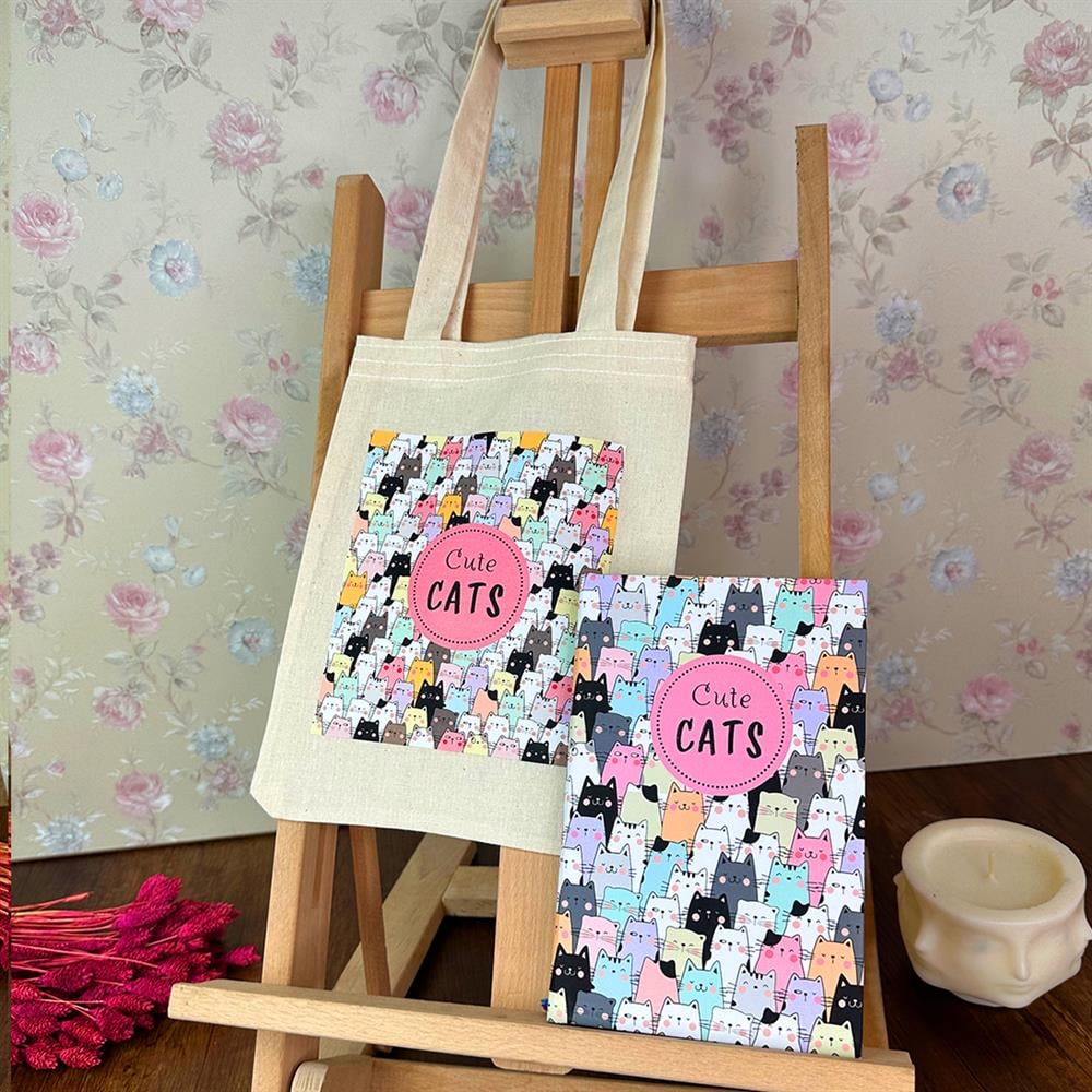 Sevimli Kedi Tasarımlı Kalın Kitap Görünümlü Defter Ve Bez Çanta