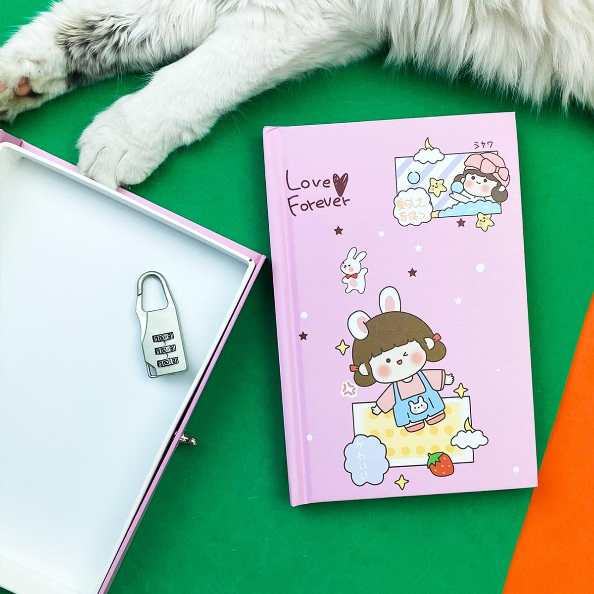 Sevimli Kız Tasarımlı Kilitli Günlük Defter