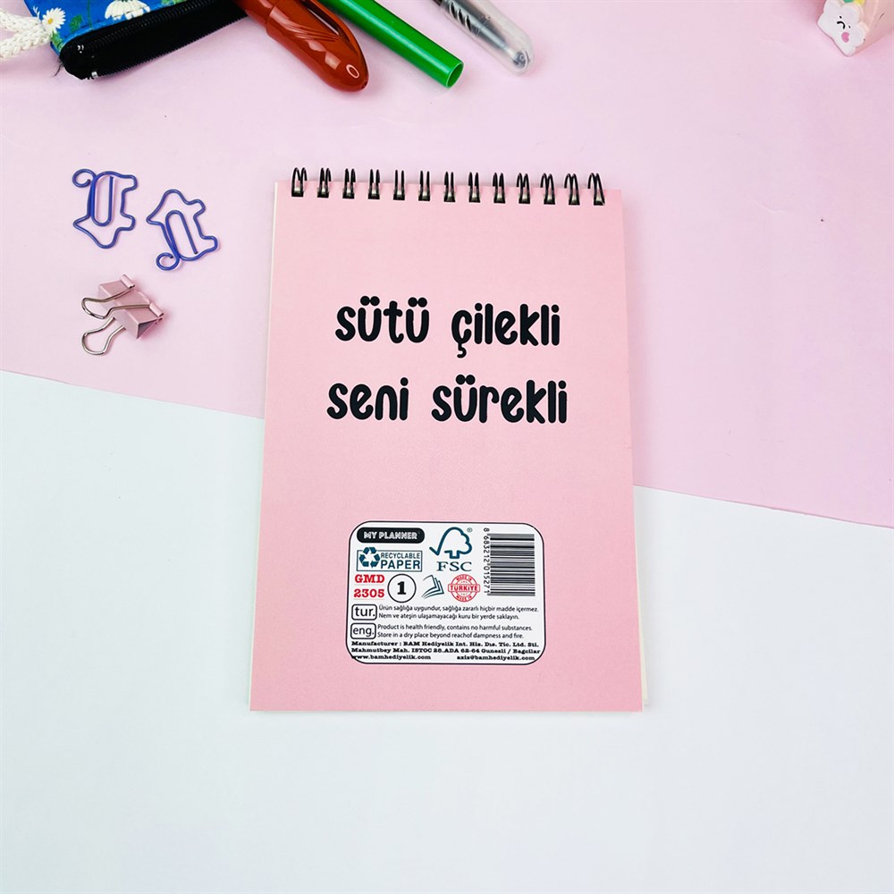 Sütü Çilekli Seni Sürekli  Tasarımlı Spiralli Defter