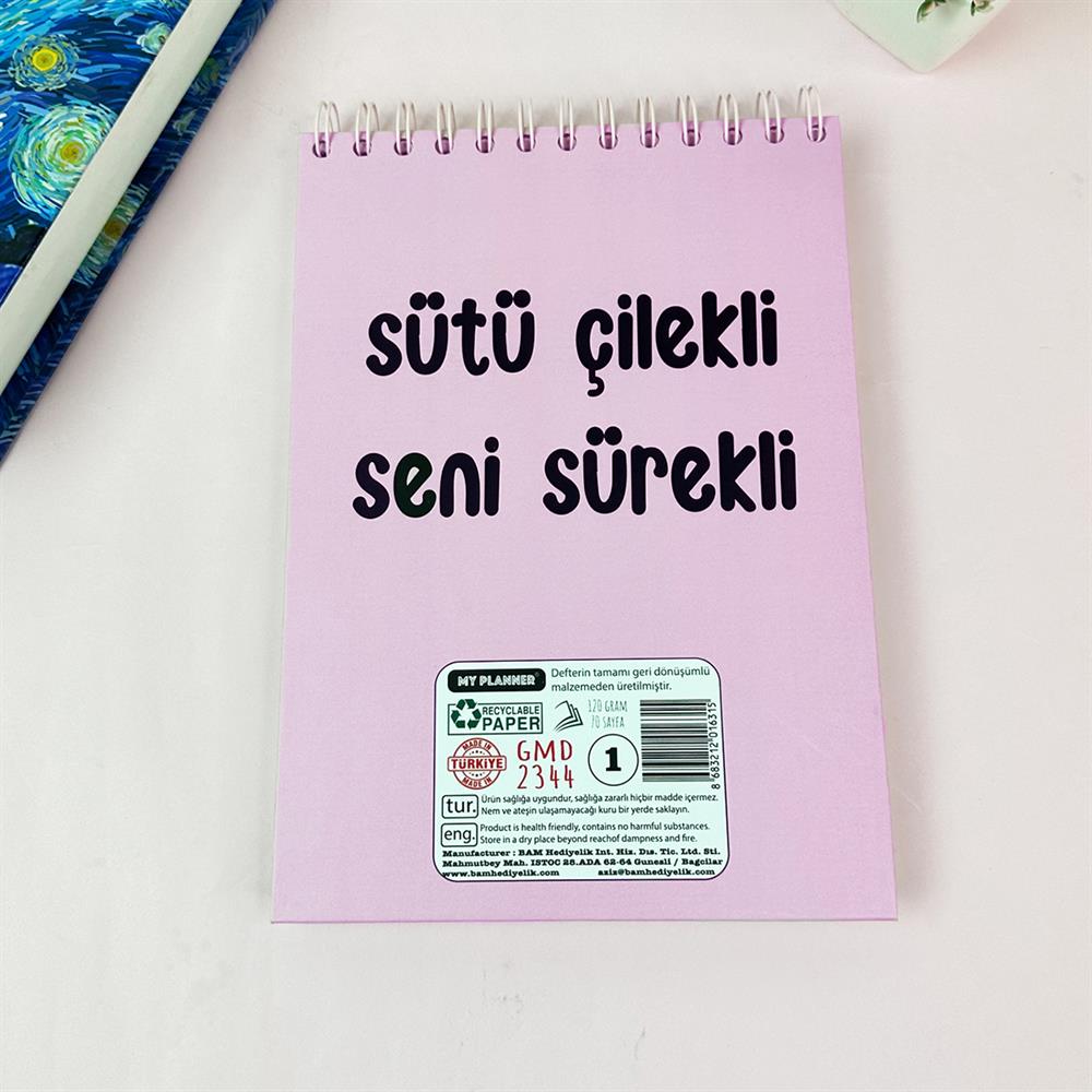 Sütü Çilekli Tasarımlı Üstten Spiralli Defter