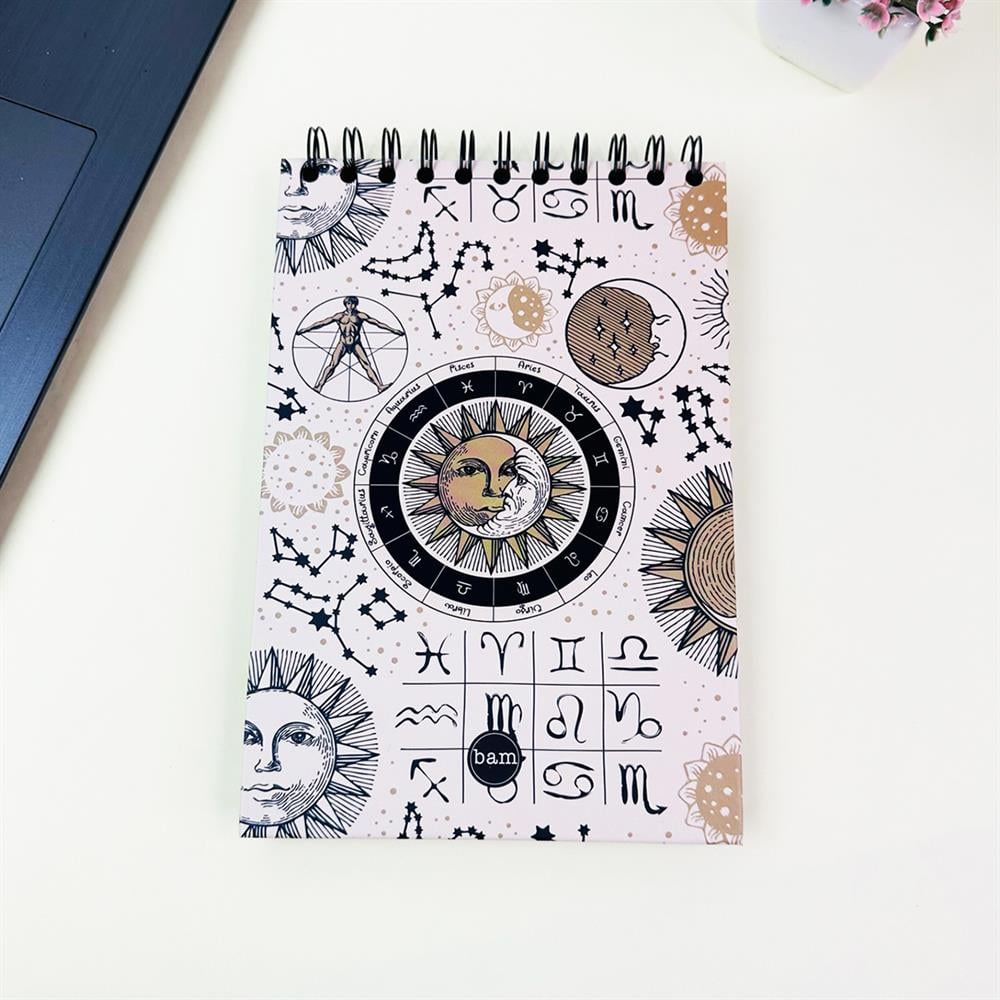 Tarot Ay Güneneş Tasarımlı 21x14Cm Üstten Spiralli Siyah Yaprak Sketch Book - Eskiz Defteri