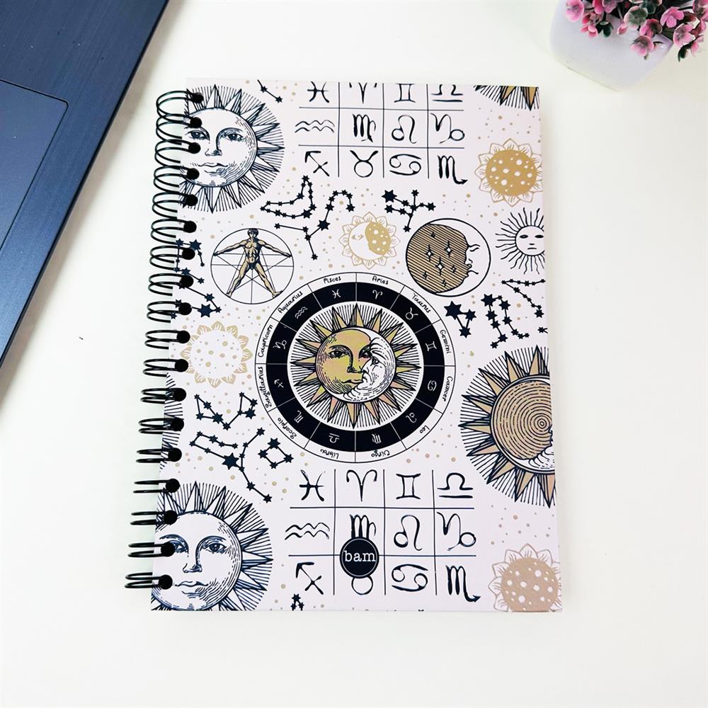 Tarot Ay Güneş Tasarımlı 23x16Cm  Siyah Yaprak Sketch Book - Eskiz Defteri