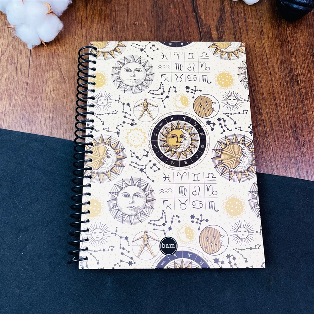 Tarot Ay Ve Güneş Tasarımlı Çizgili Spiralli Defter 