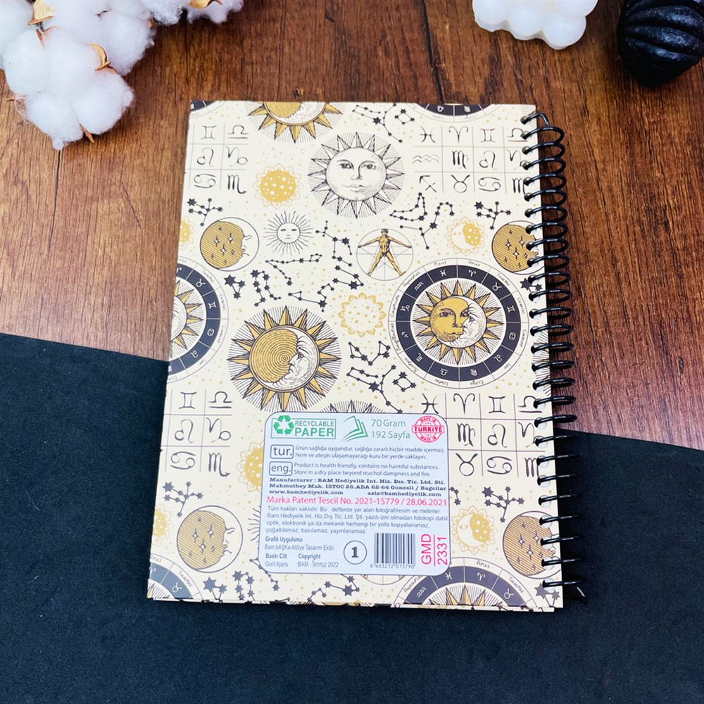 Tarot Ay Ve Güneş Tasarımlı Çizgili Spiralli Defter 