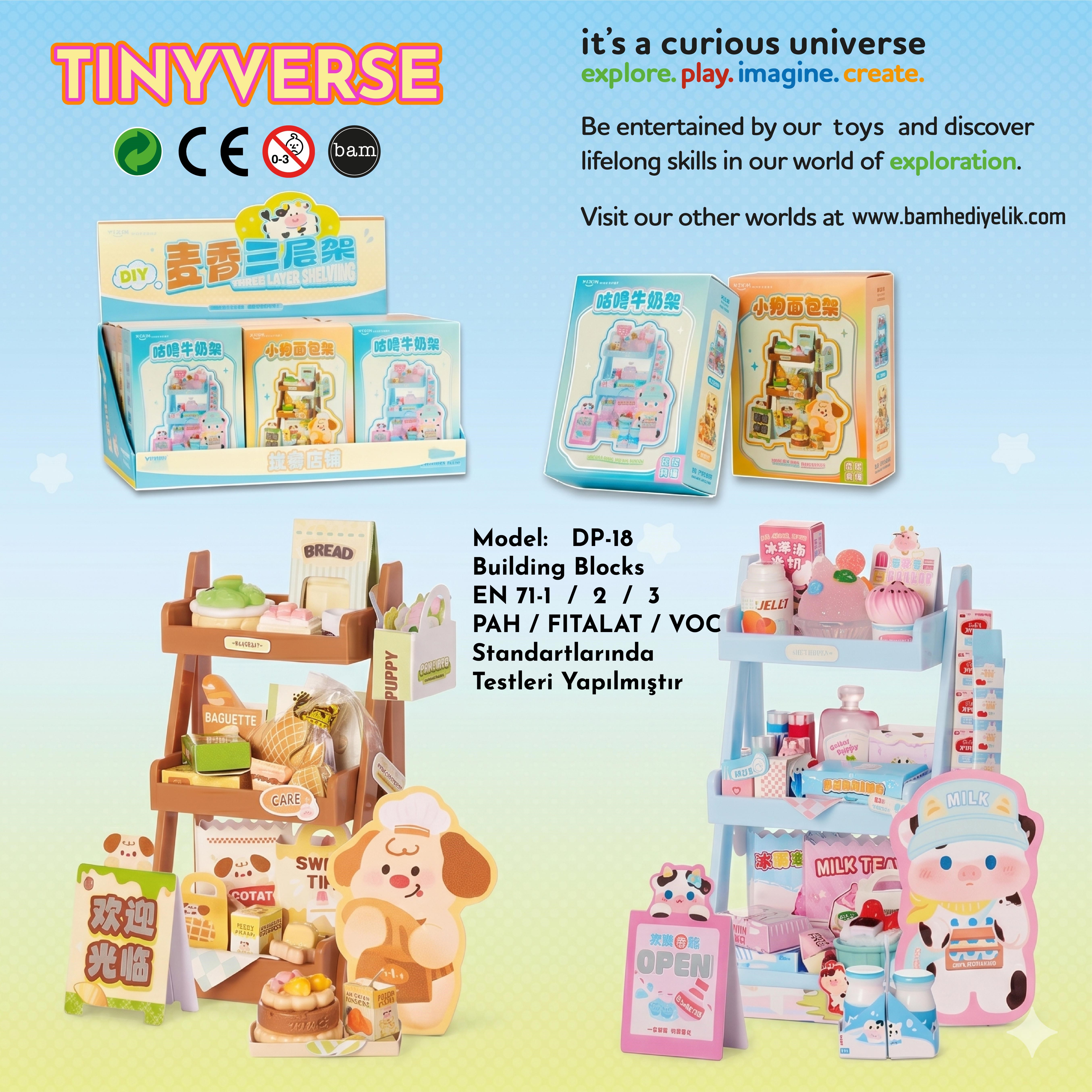 Tinyverse Üç Katlı Raf Standı - Kendin Yap (DIY) Minyatür Seti (Model: DP-18) X12