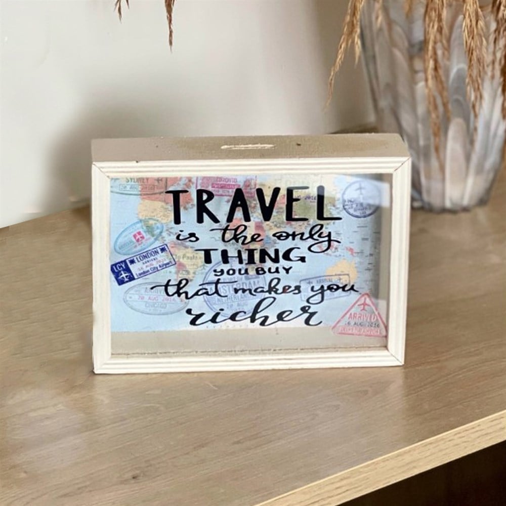 Travel Journal Tasarımlı Ahşap Kumbara