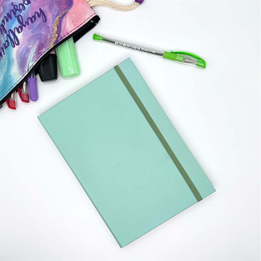 UV Baskıya Uygun Düz Su Yeşili Tasarımlı Lastikli Defter 