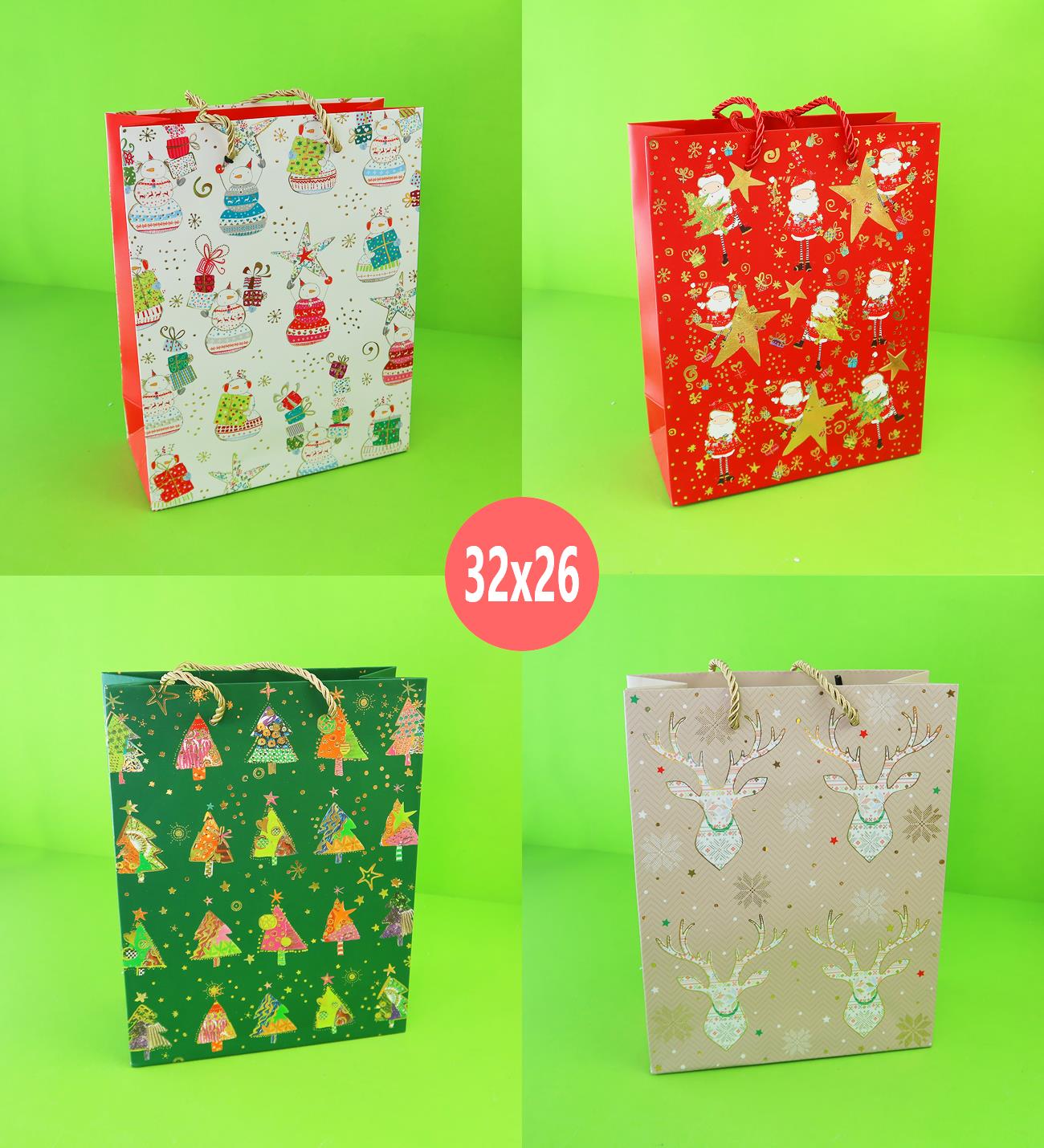 Yılbaşı Yıldızlı Karton Çanta 32x26x10 Cm x12