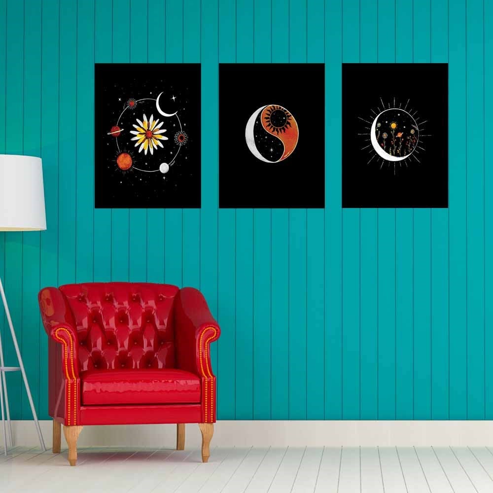 Ying Yang Gezegen Ahşap Tasarım Duvar Panosu 3'lü Set 22X30 cm