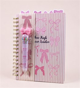 2569 18*22 cm. 4 Bölmeli 100 yaprak Kurdela Tasarımlı Çizgili defter ve 10 renk Tükenmez Kalem Set 