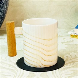 Ahşap Kulplu Gold Ebruli Seramik Kupa