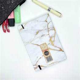 Altın Yaldızlı Beyaz Mermer Tasarımlı Lastikli Defter