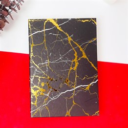 Altın Yaldızlı Siyah Mermer Tasarımlı Lastikli Defter