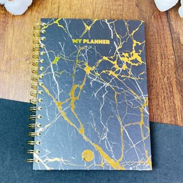 Altın Yaldızlı Siyah Mermer Tasarımlı Spiralli Defter