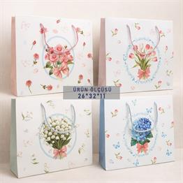 BAM 2107 Çiçek Buketi Desenli Karton Çanta  32x26x11 x12