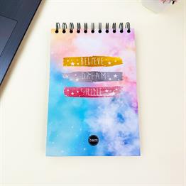 Believe Dream Shine Tasarımlı 21x14Cm Üstten Spiralli Siyah Yaprak Sketch Book - Eskiz Defteri