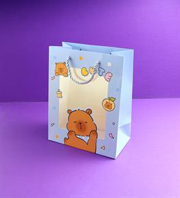Capybara Figürlü Plastik Pencereli Karton Çanta 23x18 Cm x12
