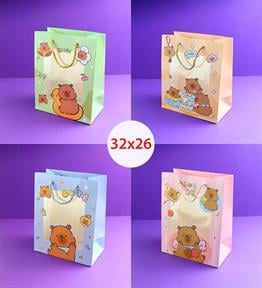Capybara Figürlü Plastik Pencereli Karton Çanta 32x26 Cm x12