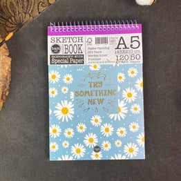 Mavi Papatya Tasarımlı  A5 Sketch Book - Eskiz Defteri