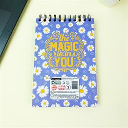 Mor Papatya Tasarımlı 21x14Cm Üstten Spiralli Siyah Yaprak Sketch Book - Eskiz Defteri