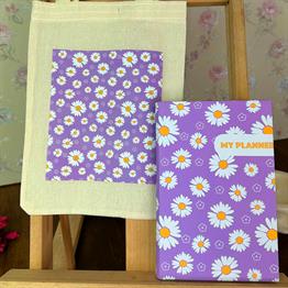 Mor Papatya Tasarımlı Kalın Kitap Görünümlü Defter Ve Bez Çanta