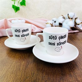 Sütü Çilekli Seni Sürekli Turkish Coffee Cups Set & Saucer With Special Box