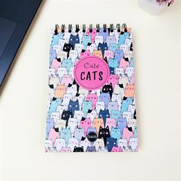 Sevimli Kedi Tasarımlı 21x14Cm Üstten Spiralli Siyah Yaprak Sketch Book - Eskiz Defteri