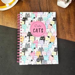 Sevimli Kedi Tasarımlı Çizgili Spiralli Defter 