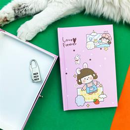 Sevimli Kız Tasarımlı Kilitli Günlük Defter