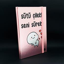 Sütü Çilekli Tasarımlı Metal Kapaklı Lastikli Defter