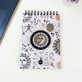 Tarot Ay Güneş Tasarımlı 21x14Cm Üstten Spiralli Siyah Yaprak Sketch Book - Eskiz Defteri