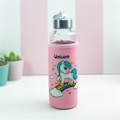 Unicorn Tasarımlı Kılıflı Cam Matara